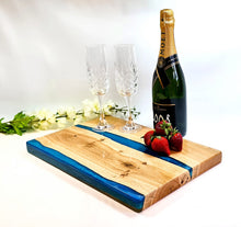 Load image into Gallery viewer, Jazzy Blue Handcrafted Oak Serving Tray - Chic & Rustic with Epoxy Detailing