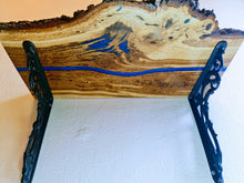 Load image into Gallery viewer, Handcrafted Oakwood & Blue Resin Live Edge Shelf with Victorian Brackets