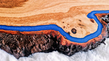 Load image into Gallery viewer, Handcrafted Oakwood & Blue Resin Live Edge Shelf with Victorian Brackets