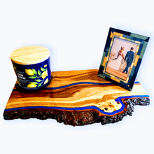 Load image into Gallery viewer, Handcrafted Oakwood & Blue Resin Live Edge Shelf with Victorian Brackets