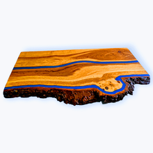 Load image into Gallery viewer, Handcrafted Oakwood & Blue Resin Live Edge Shelf with Victorian Brackets