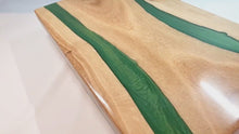 Load and play video in Gallery viewer, Verdant Valley Handcrafted Oakwood Serving Tray with Deep Green Resin Stripe