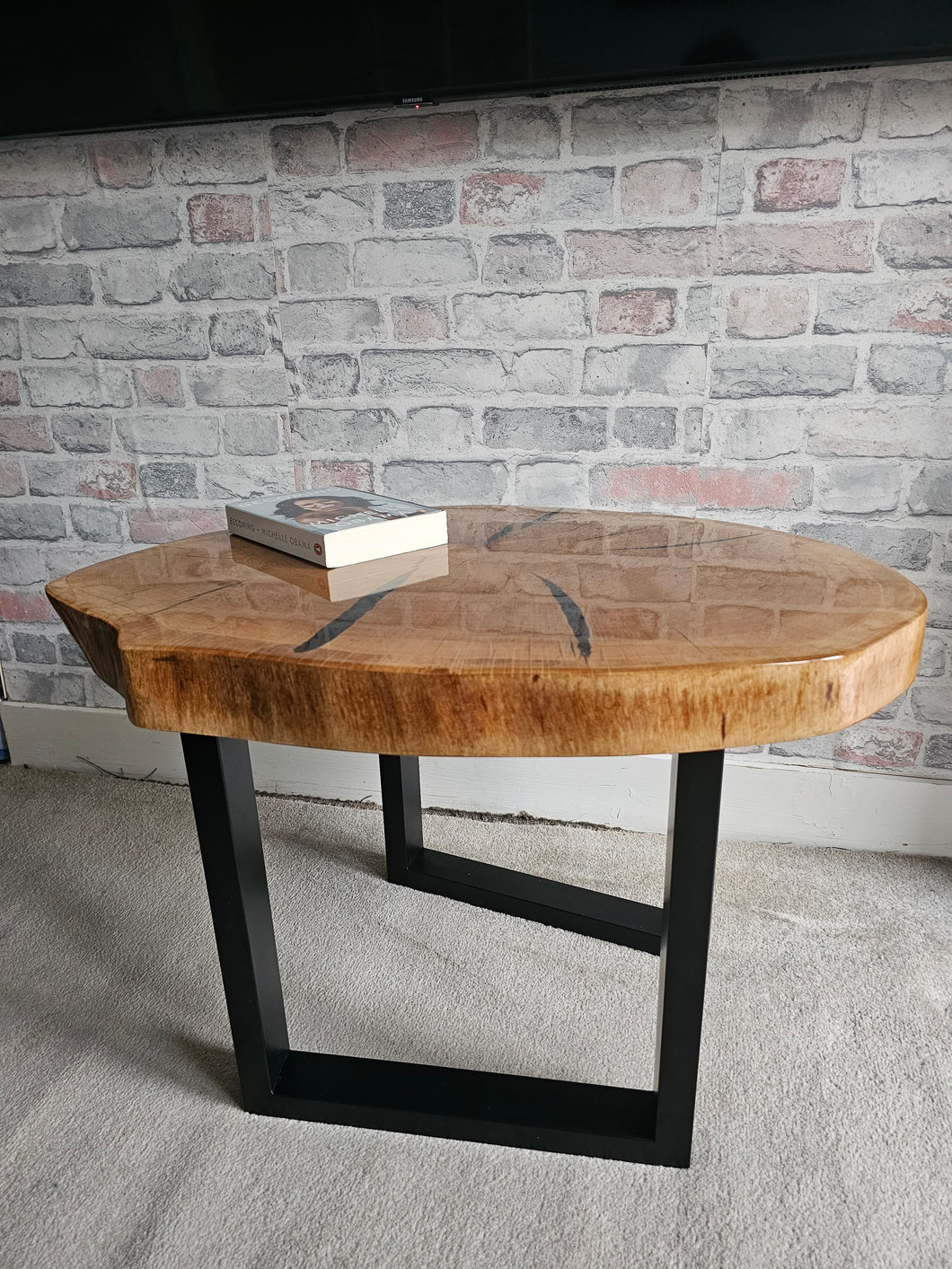 Natural Oak & Black Resin Coffee Table with Contemporary Iron Base