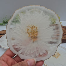 Load and play video in Gallery viewer, Set of 5 Handmade Resin Coasters – White Bloom with Gold Detail
