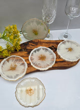 Load image into Gallery viewer, Set of 5 Handmade Resin Coasters – White Bloom with Gold Detail
