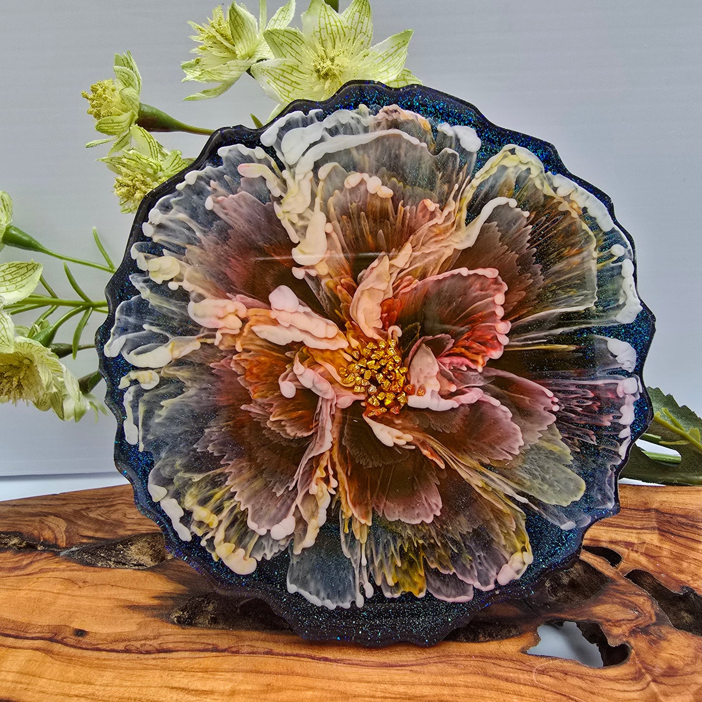 Handmade Resin Coaster – 3D Floral Bloom with Glitter Base (Single Piece)