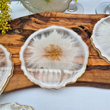 Load image into Gallery viewer, Set of 5 Handmade Resin Coasters – White Bloom with Gold Detail
