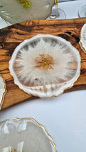 Load image into Gallery viewer, Set of 5 Handmade Resin Coasters – White Bloom with Gold Detail
