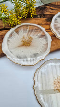 Load image into Gallery viewer, Set of 5 Handmade Resin Coasters – White Bloom with Gold Detail
