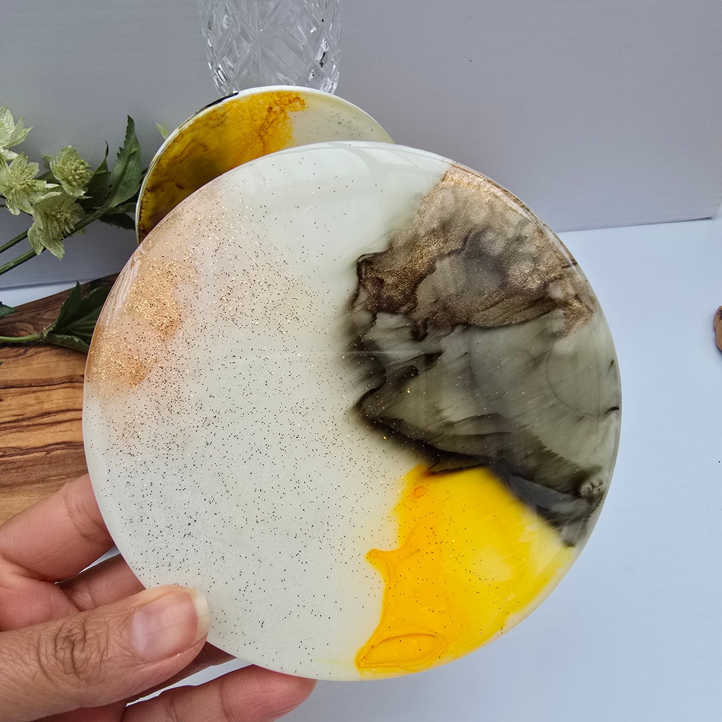 Yellow Swirl Handmade Resin Coaster Duo