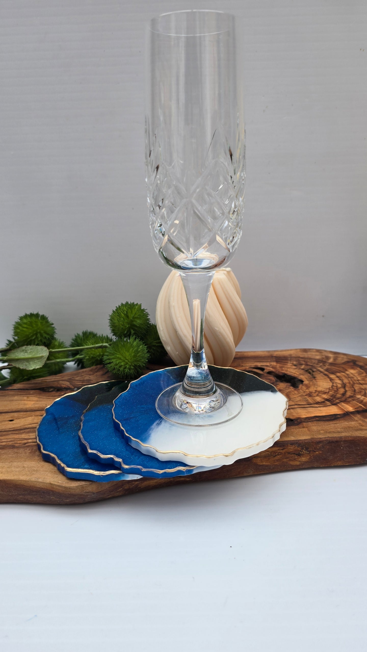 Blue & White Resin Coaster Set with Gold Edge – Set of 3