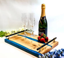 Load image into Gallery viewer, Jazzy Blue Handcrafted Oak Serving Tray - Chic &amp; Rustic with Epoxy Detailing
