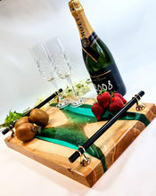 Load image into Gallery viewer, Emerald Whisper Handcrafted Oakwood Serving Tray with Lush Green Resin Art
