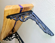 Load image into Gallery viewer, Handcrafted Purple Oakwood Shelf/Centrepiece with Victorian Iron Brackets
