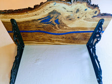 Load image into Gallery viewer, Handcrafted Oakwood &amp; Blue Resin Live Edge Shelf with Victorian Brackets
