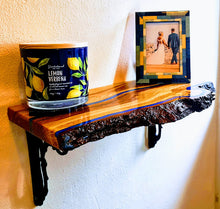Load image into Gallery viewer, Handcrafted Oakwood &amp; Blue Resin Live Edge Shelf with Victorian Brackets
