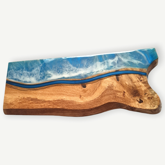 Ocean-Inspired Epoxy Resin & Oakwood Serving Tray – Artisanal Wave Design