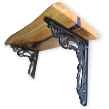 Load image into Gallery viewer, Handcrafted Purple Oakwood Shelf/Centrepiece with Victorian Iron Brackets
