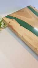 Load and play video in Gallery viewer, Verdant Valley Handcrafted Oakwood Serving Tray with Deep Green Resin Stripe
