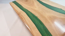 Load and play video in Gallery viewer, Verdant Valley Handcrafted Oakwood Serving Tray with Deep Green Resin Stripe
